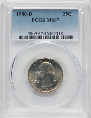 image for: 1980-D 25C MS67 PCGS. PCGS Population: (26/0). NGC Census: (15/0). CDN: $245 Whsle. Bid for NGC/PCGS MS67. Mintage 518,327,...