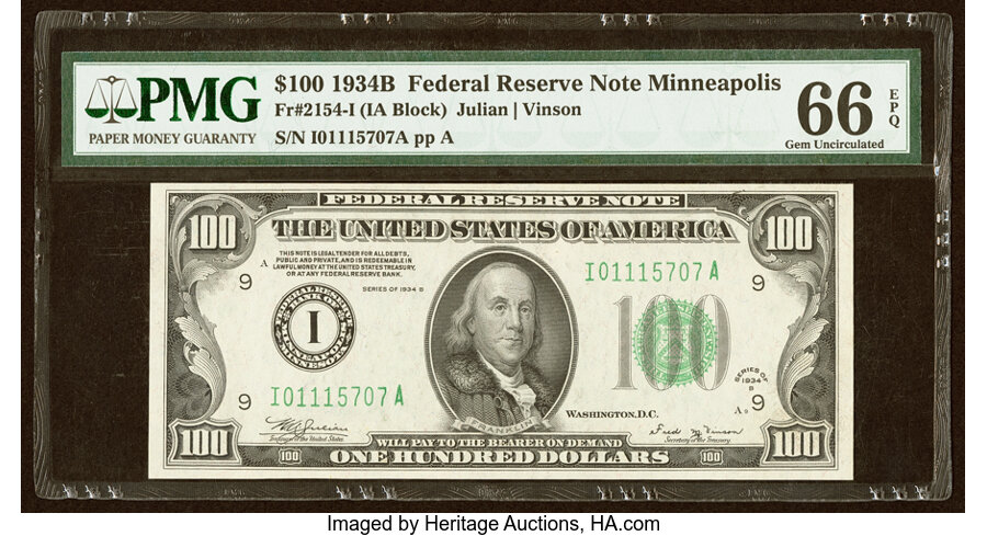 Fr. 2154-I $100 1934B Federal Reserve Note. PMG Gem Uncirculated 66 EPQ....