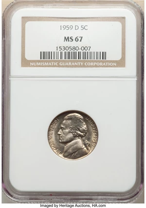 image for: 1959-D 5C MS67 NGC. NGC Census: (68/0). PCGS Population: (6/0). CDN: $750 Whsle. Bid for NGC/PCGS MS67. Mintage 160,738,240...