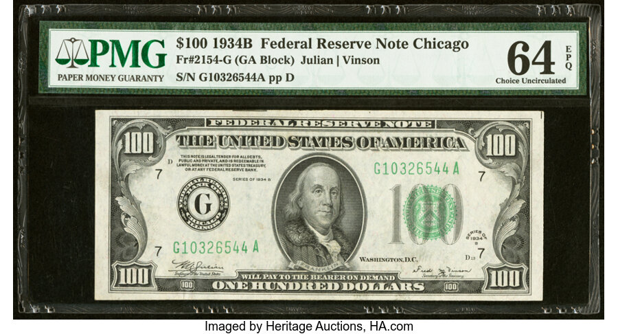 Fr. 2154-G $100 1934B Federal Reserve Note. PMG Choice Uncirculated 64 EPQ....