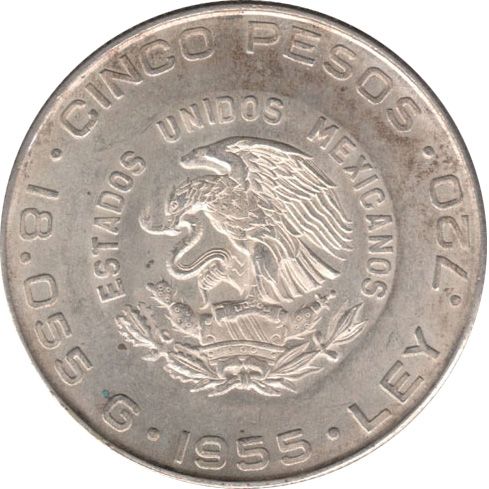 1957-Mo 5P Type 5, Hidalgo/Chico, Silver, KM-469 MS