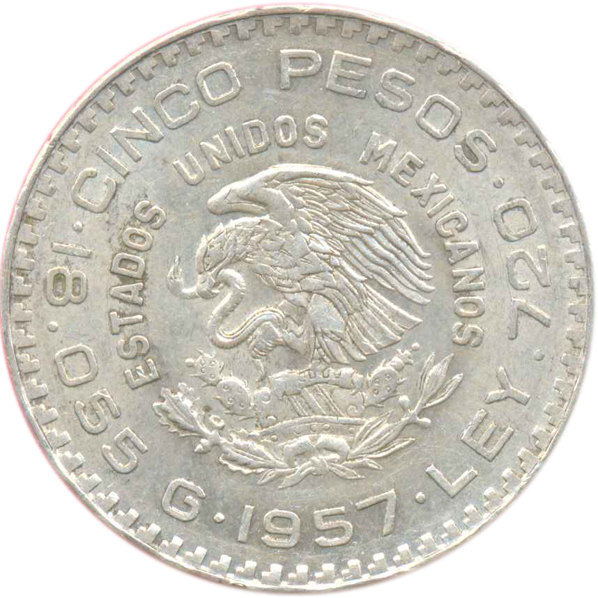 1957-Mo 5P Type 6, Constitution, Silver, KM-470 MS