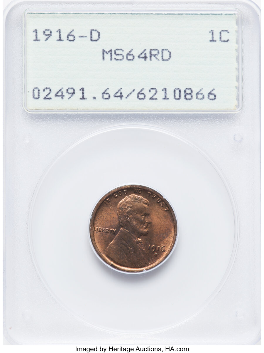 1916-D 1C MS64 Red PCGS. PCGS Population: (149/84). NGC Census: (39/20). CDN: $300 Whsle. Bid for NGC/PCGS MS64. Mintage 35...