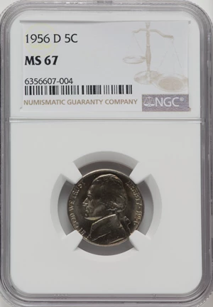 image for: 1956-D 5C MS67 NGC. NGC Census: (75/0). PCGS Population: (19/0). CDN: $225 Whsle. Bid for NGC/PCGS MS67. Mintage 67,222,940...