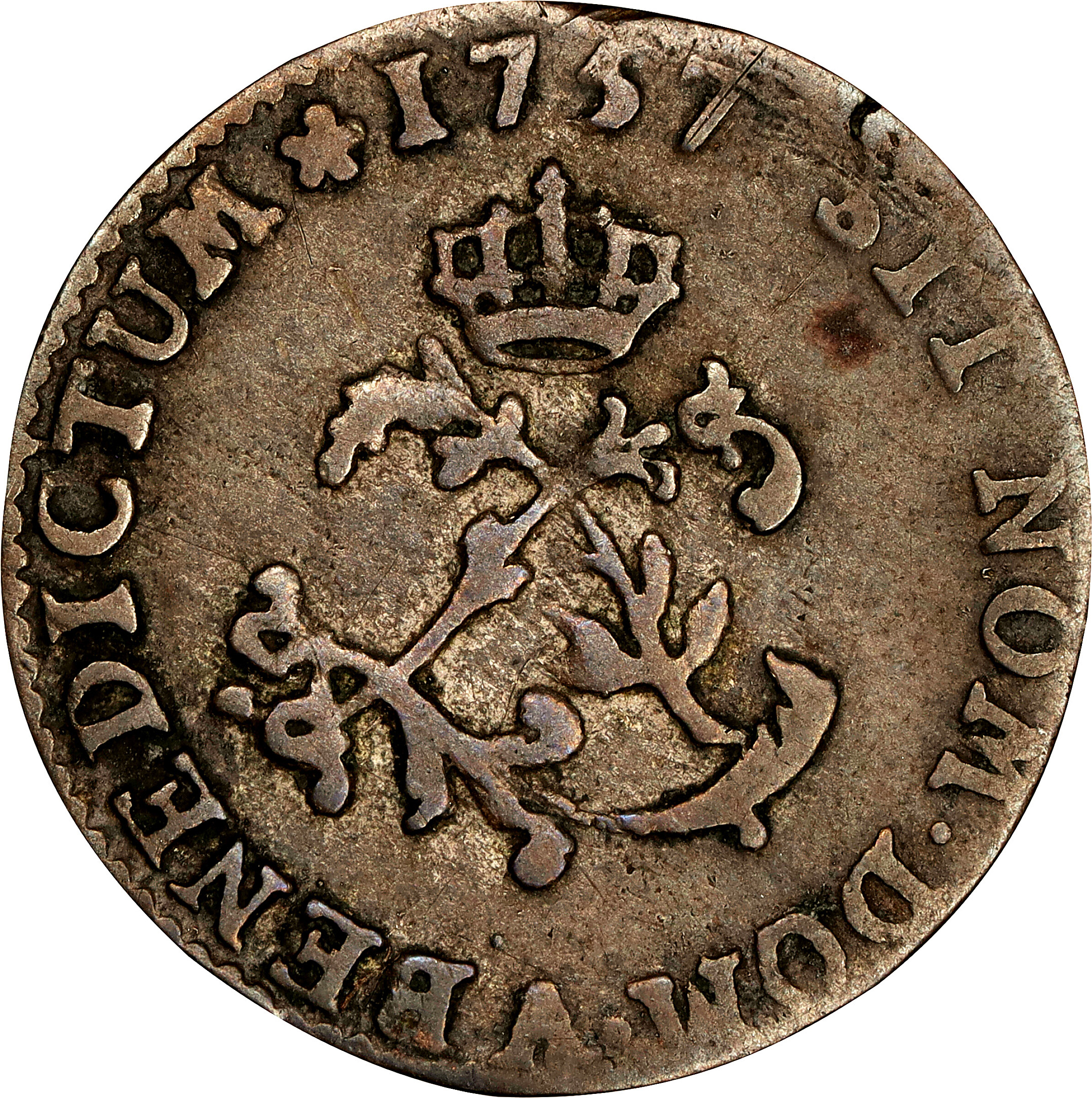 1757-A Sou Marque. Paris Mint. Vlack-37, var. First Semester. No Stop Before LUD, RE.X. Very Fine.