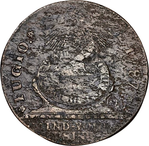 image for: 1787 Fugio Cent. Pointed Rays. Newman 12-Z, W-6830. Rarity-5-. STATES UNITED, Label With Raised Rims, Large Letters in WE ARE ONE. EF Details--Environmental Damage (PCGS).