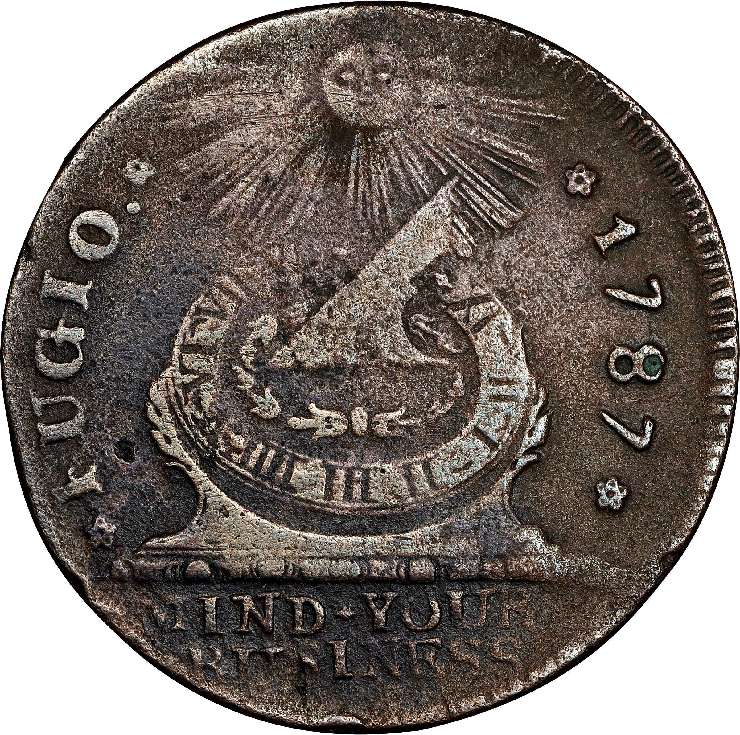 1787 Fugio Cent. Pointed Rays. Newman 16-N, W-6925. Rarity-3. STATES UNITED, 4 Cinquefoils. VF Details--Environmental Damage (PCGS).
