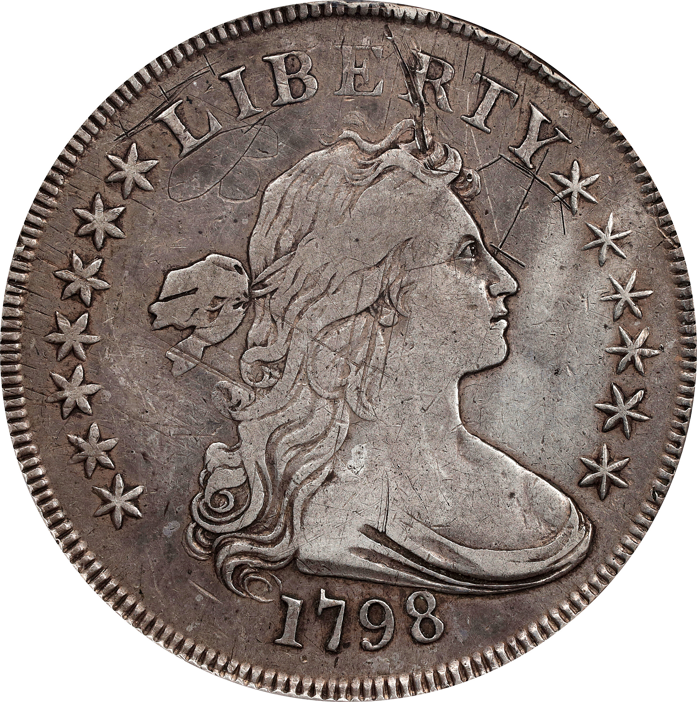 1798 Draped Bust Silver Dollar. Heraldic Eagle. BB-95. Knob 9, 4 Vertical Lines. VF Details--Obverse Graffiti, Improperly Cleaned (NCS).