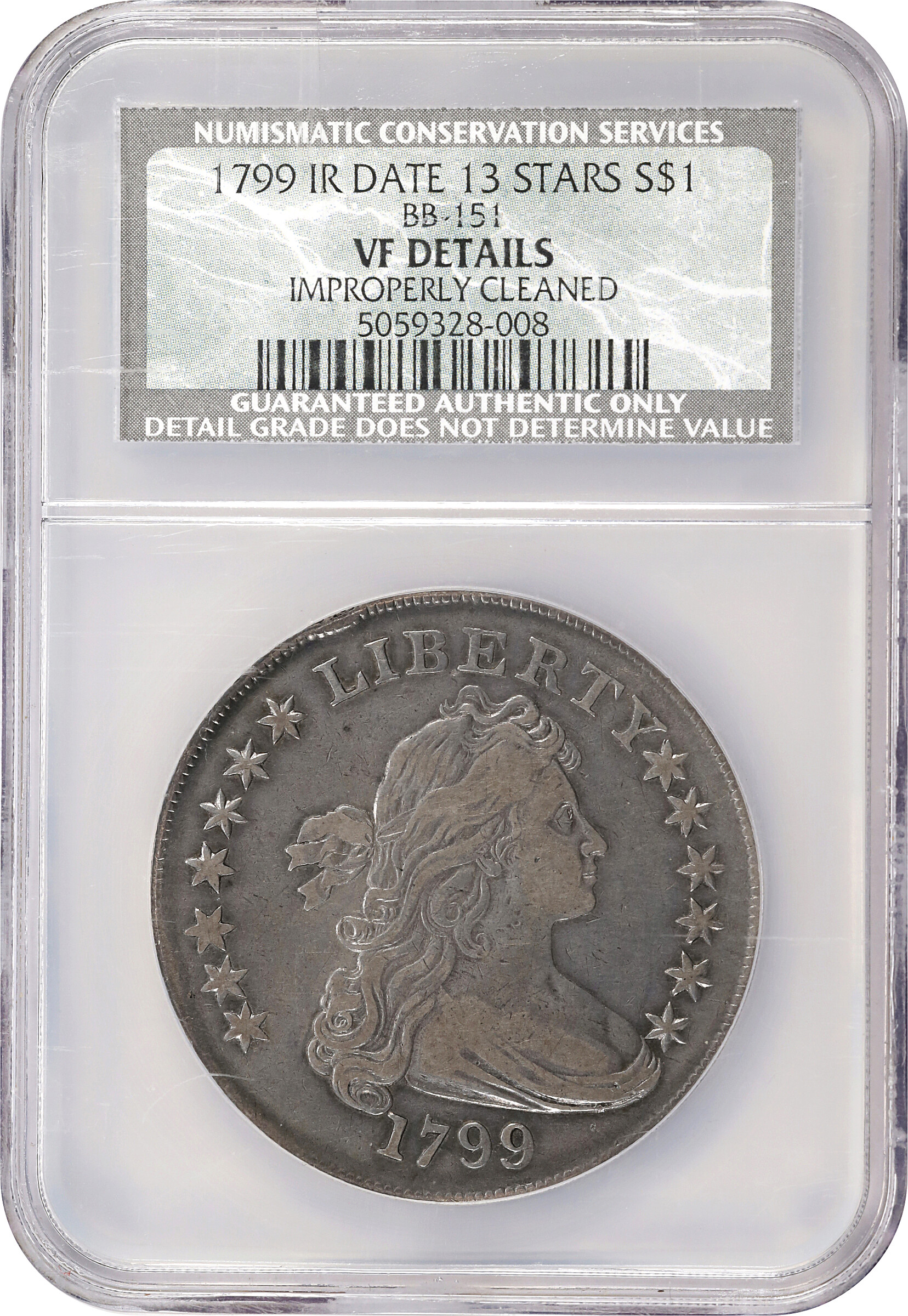 1799 Draped Bust Silver Dollar. BB-151. Irregular Date, 13-Star Reverse. VF Details--Improperly Cleaned (NCS).