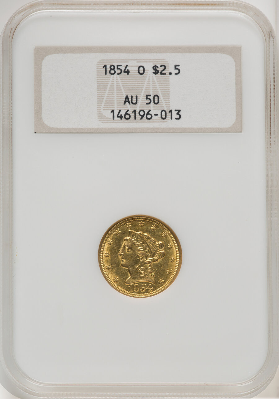 1854-O $2 1/2 AU50 NGC. NGC Census: (35/449). PCGS Population: (59/182). CDN: $775 Whsle. Bid for NGC/PCGS AU50. Mintage 15...