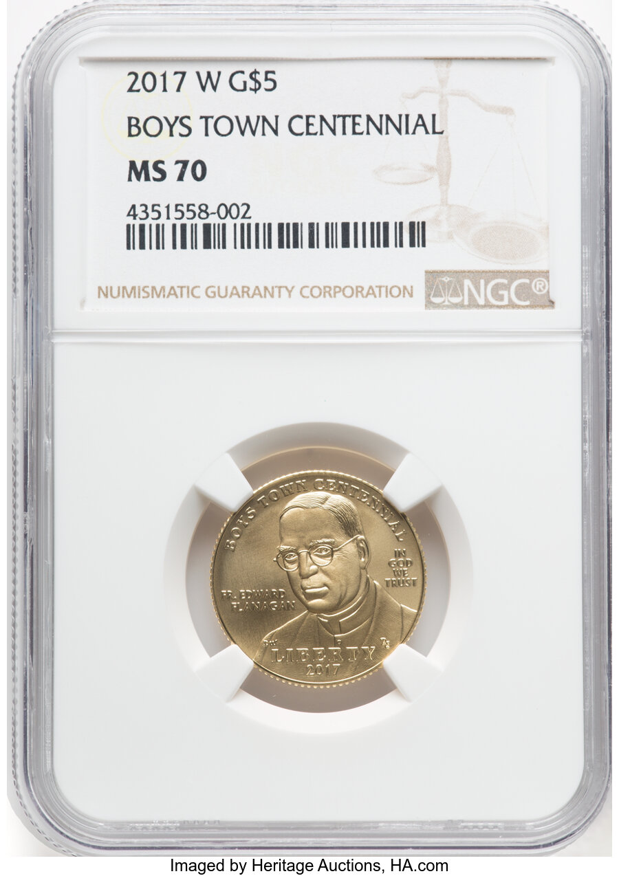 2017-W $5 Boys Town Centennial Gold Five Dollar MS70 NGC. NGC Census: (0). PCGS Population: (270). MS70....