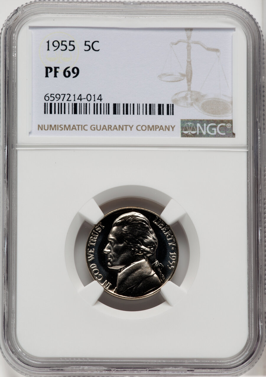 1955 5C PR69 NGC. NGC Census: (1596/0). PCGS Population: (15/0). CDN: $90 Whsle. Bid for NGC/PCGS PR69. Mintage 378,200. ...