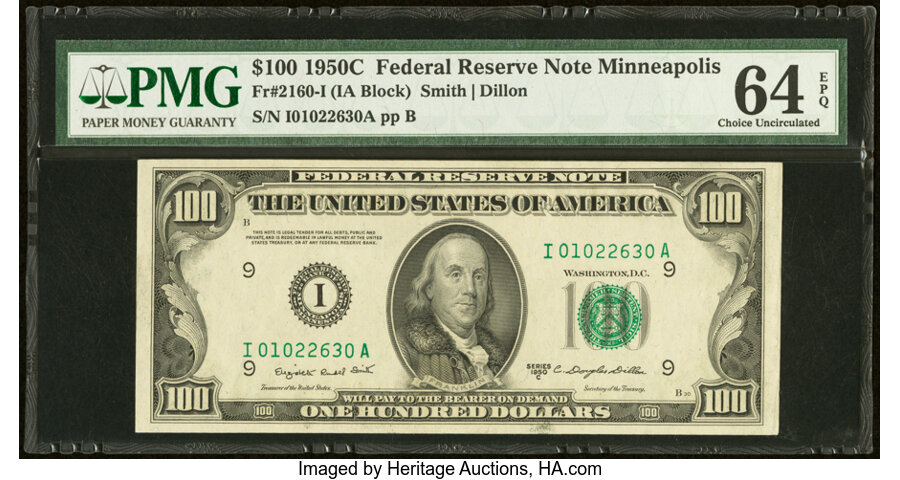 Fr. 2160-I $100 1950C Federal Reserve Note. PMG Choice Uncirculated 64 EPQ....