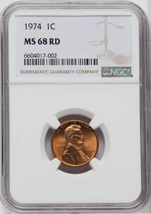 image for: 1974 1C MS68 Red NGC. NGC Census: (12/0). PCGS Population: (3/0). CDN: $2,000 Whsle. Bid for NGC/PCGS MS68. ...