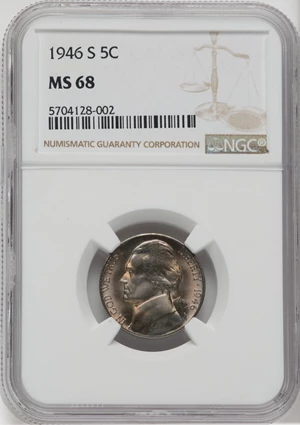 image for: 1946-S 5C MS68 NGC. NGC Census: (2/0). PCGS Population: (0/0). Mintage 13,560,000. ...