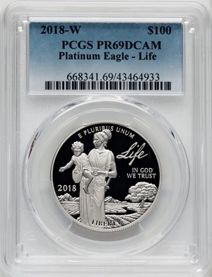 image for: 2018-W $100 One Ounce Platinum Eagle, Life PR69 Deep Cameo PCGS. PCGS Population: (122/77). NGC Census: (183/2114). CDN: $1...