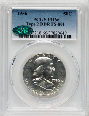 image for: 1956 50C Type Two, Doubled Die Reverse, FS-801, PR66 PCGS. CAC. PCGS Population: (23/59). NGC Census: (0/0). ...
