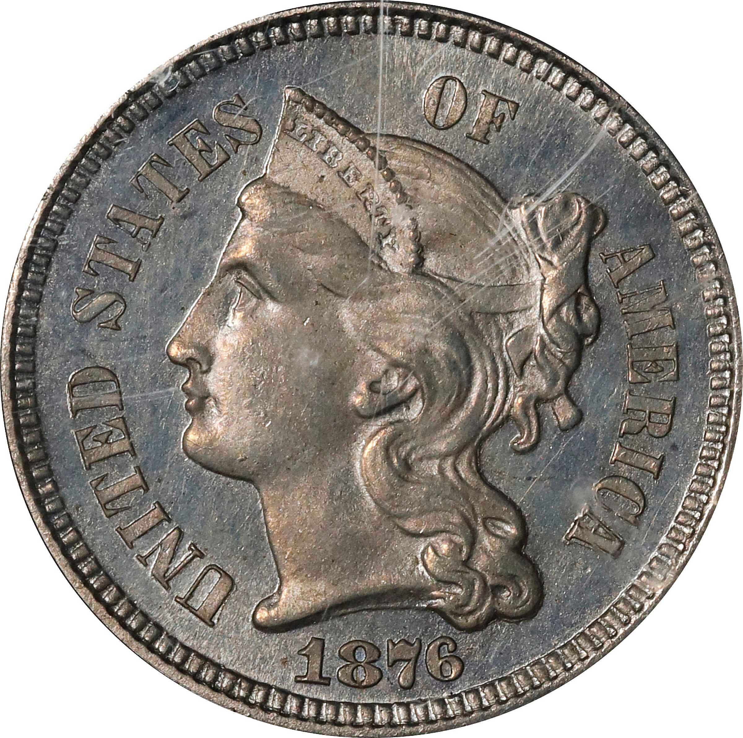 1876 Nickel Three-Cent Piece. Proof-63 Cameo (PCGS).