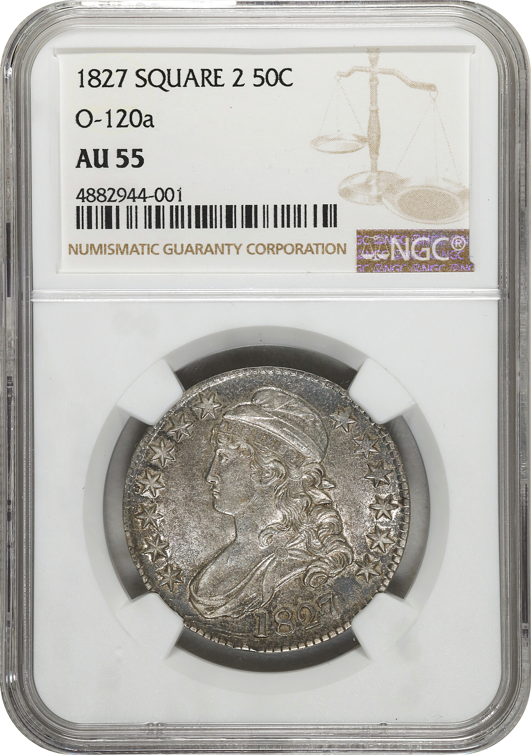 1827 50c Square Base 2, O-120a VG10 CAC thumbnail 17