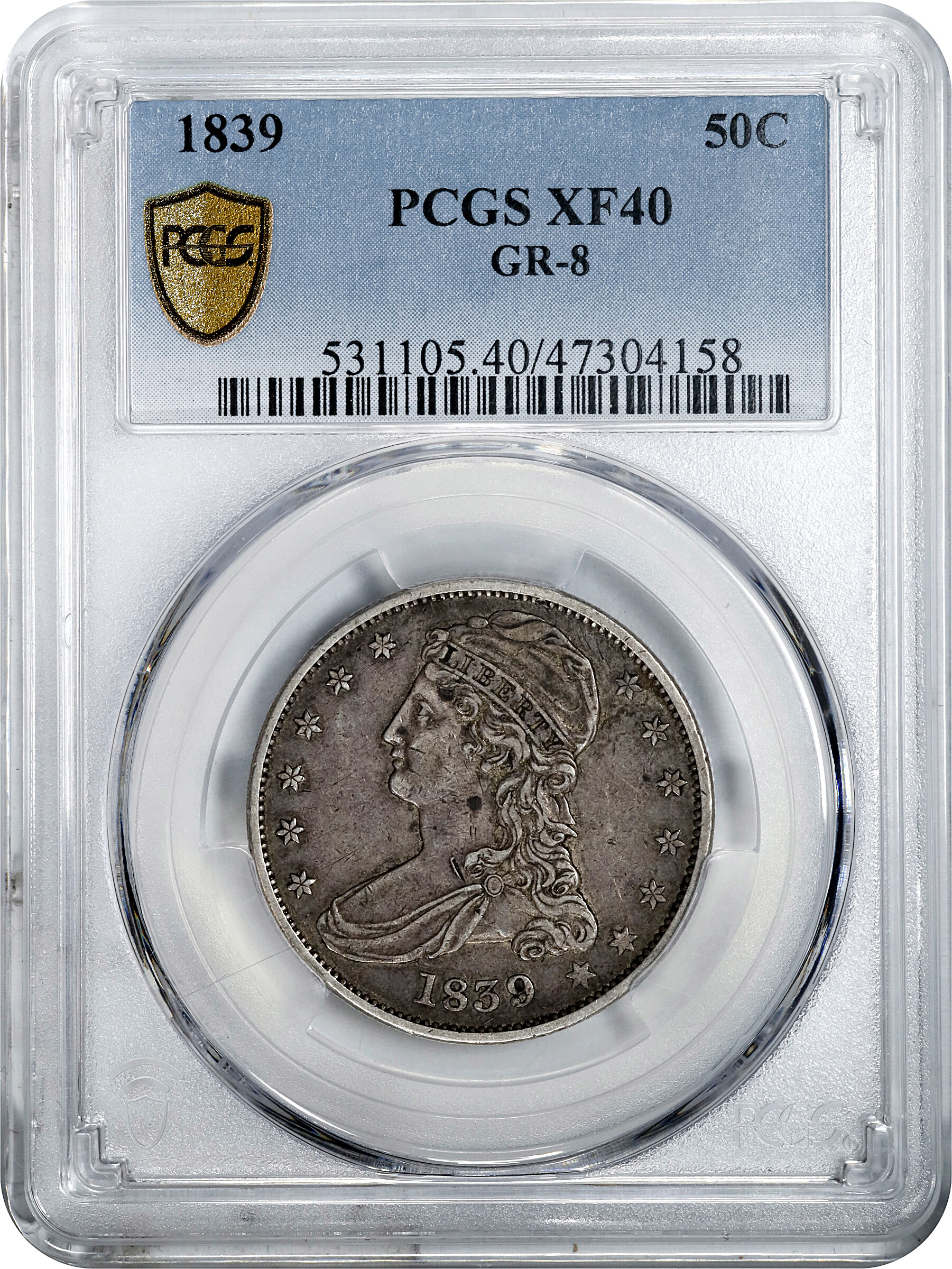 1839 50c Reeded Edge, Large Letters Reverse, GR-8 VG10 CAC thumbnail 5