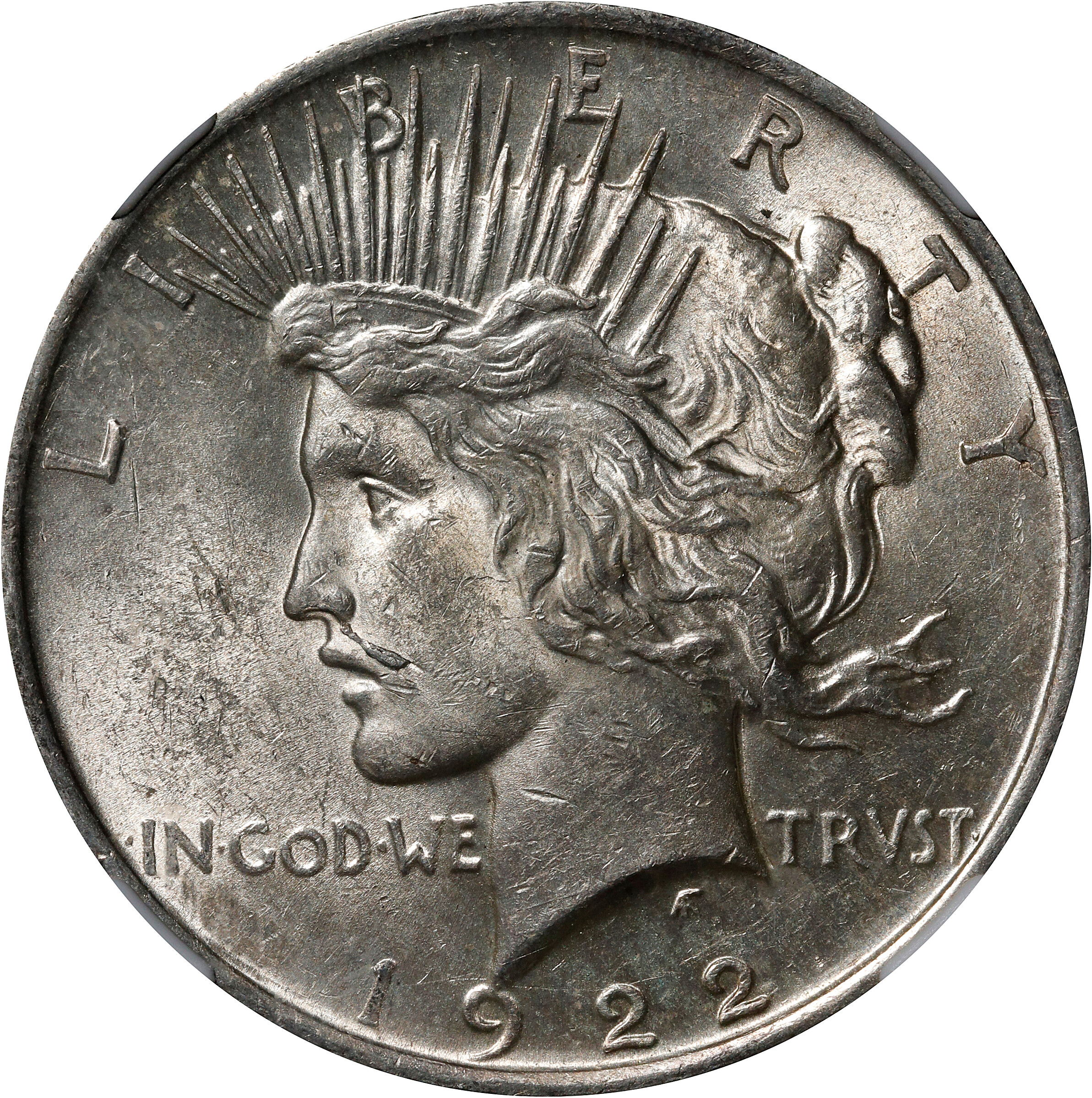 1922 Peace Silver Dollar. VAM-12A. Top 50 Variety. Moustache. AU-58 (NGC).
