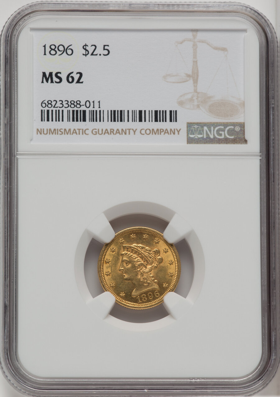 1896 $2 1/2 MS62 NGC. NGC Census: (230/344). PCGS Population: (182/444). CDN: $510 Whsle. Bid for NGC/PCGS MS62. Mintage 19...