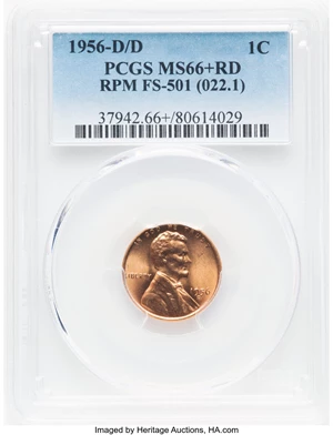 image for: 1956-D/D 1C RPM FS-501 MS66+ Red PCGS. (FS-022.1). PCGS Population: (34/2 and 5/0+). NGC Census: (0/0 and 0/0+). MS66....