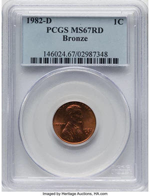 image for: 1982-D CENT Bronze, Small Date, MS67 Red PCGS. PCGS Population: (24/0). NGC Census: (0/0). CDN: $145 Whsle. Bid for NGC/PC...