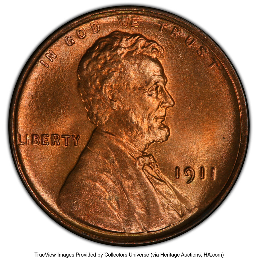 1911 1C MS67+ Red PCGS. The Mint manufactured in excess of 101 million cents in 1911, yet only 27 submissions have qualifie...