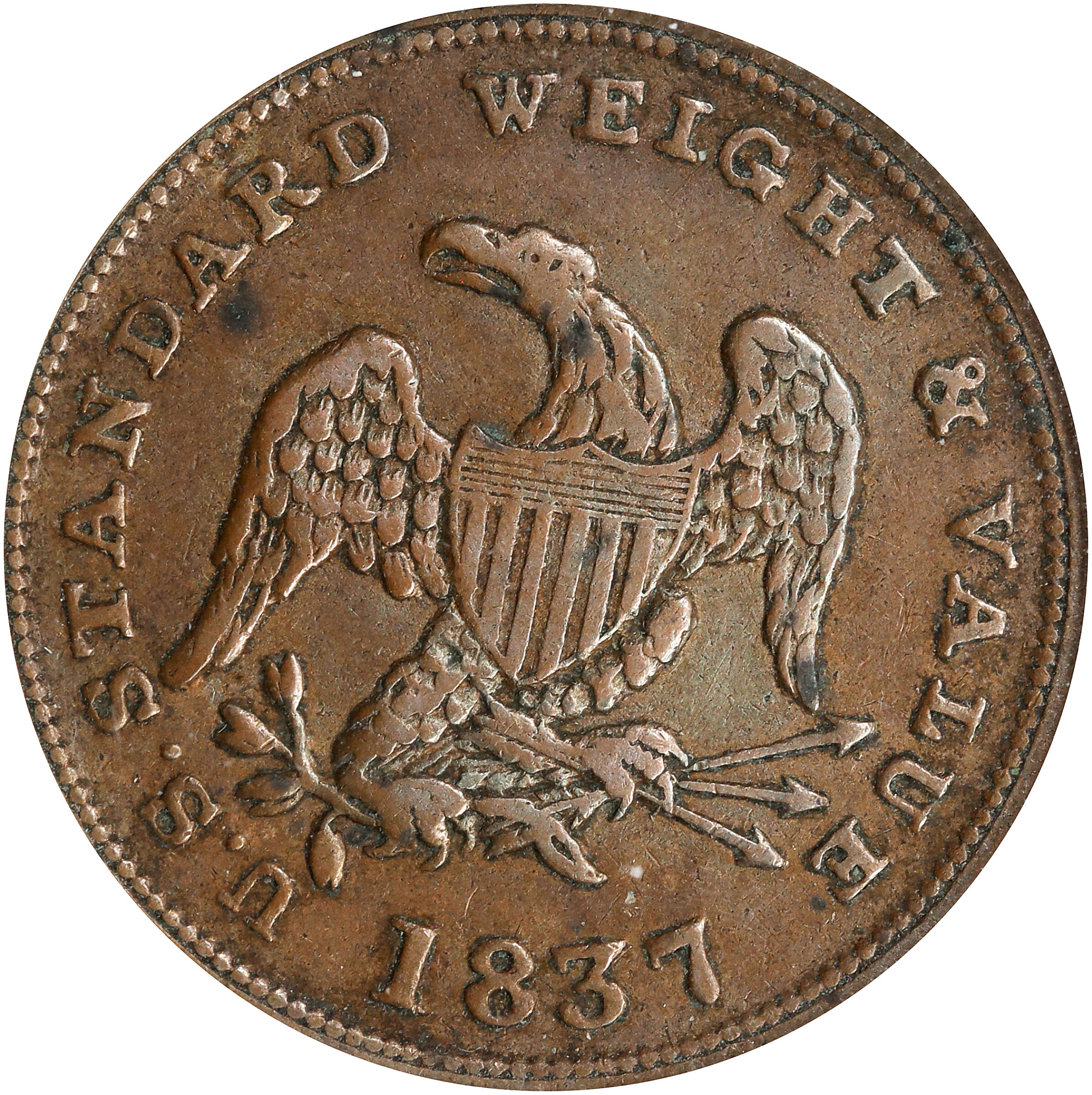1837 Half Cent. HT-73, Low-49, W-11-710a. Rarity-1. Copper. Plain Edge. EF-40 (ANACS).