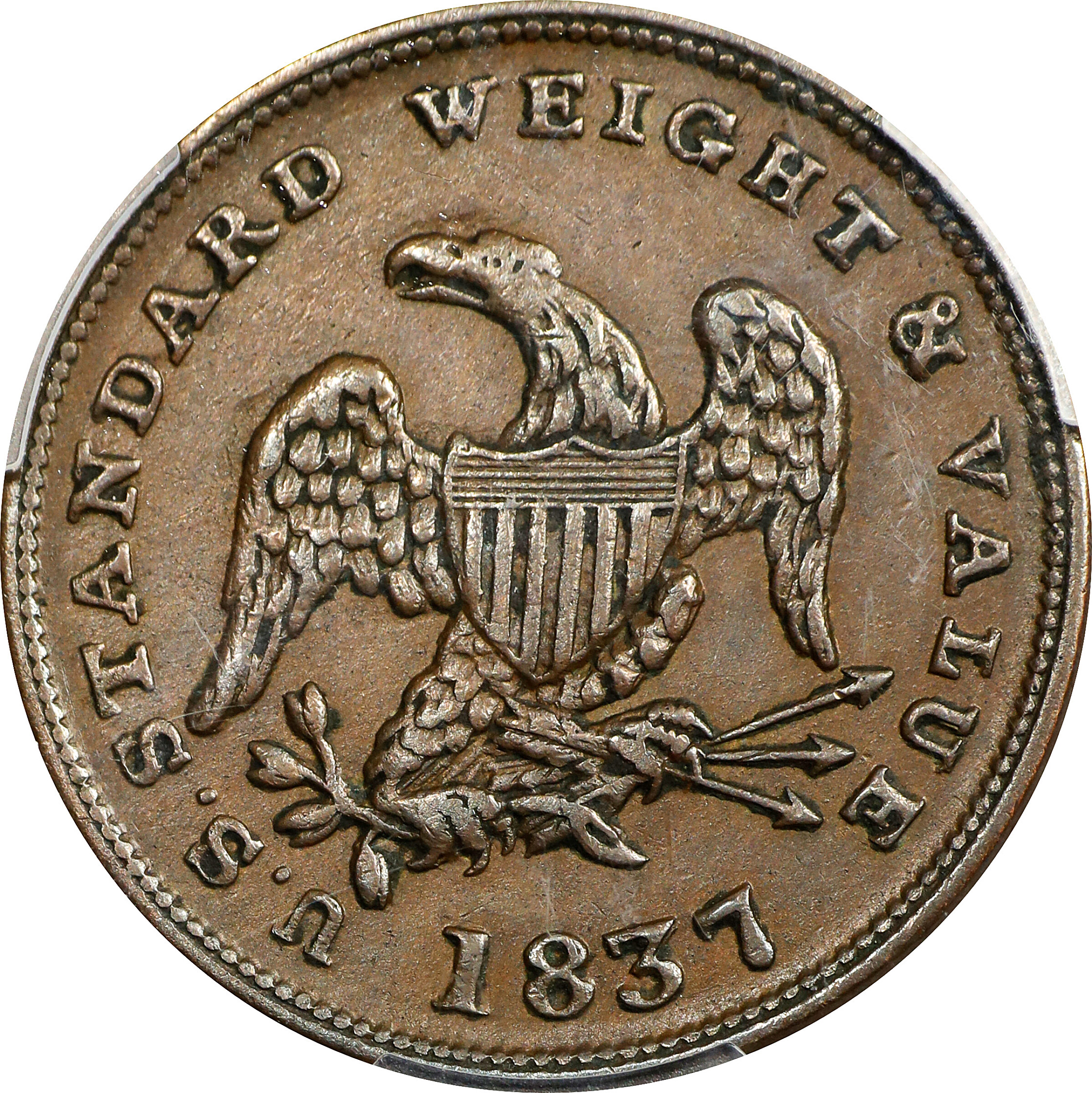 1837 Half Cent. HT-73, Low-49, W-11-710a. Rarity-1. Copper. Plain Edge. AU-53 (PCGS).