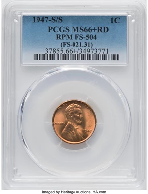 image for: 1947-S/S 1C RPM FS-504 MS66+ Red PCGS. (FS-021.31). PCGS Population: (19/3 and 4/0+). NGC Census: (2/0 and 0/0+). MS66. Min...