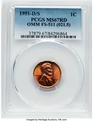image for: 1951-D/S 1C Overmintmark, FS-511, MS67 Red PCGS. (FS-021.5). PCGS Population: (3/0). NGC Census: (1/0). MS67. Mintage 625,3...