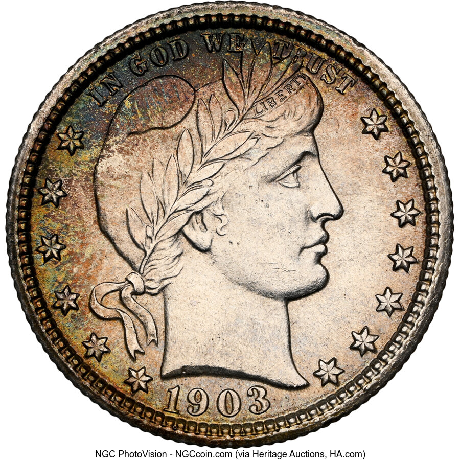 1903 25C MS62 NGC. NGC Census: (24/45). PCGS Population: (22/82). CDN: $270 Whsle. Bid for NGC/PCGS MS62. Mintage 9,670,064...