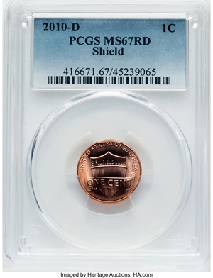 image for: 2010-D 1C Shield MS67 Red PCGS. PCGS Population: (28/0). NGC Census: (0/0). CDN: $230 Whsle. Bid for NGC/PCGS MS67....