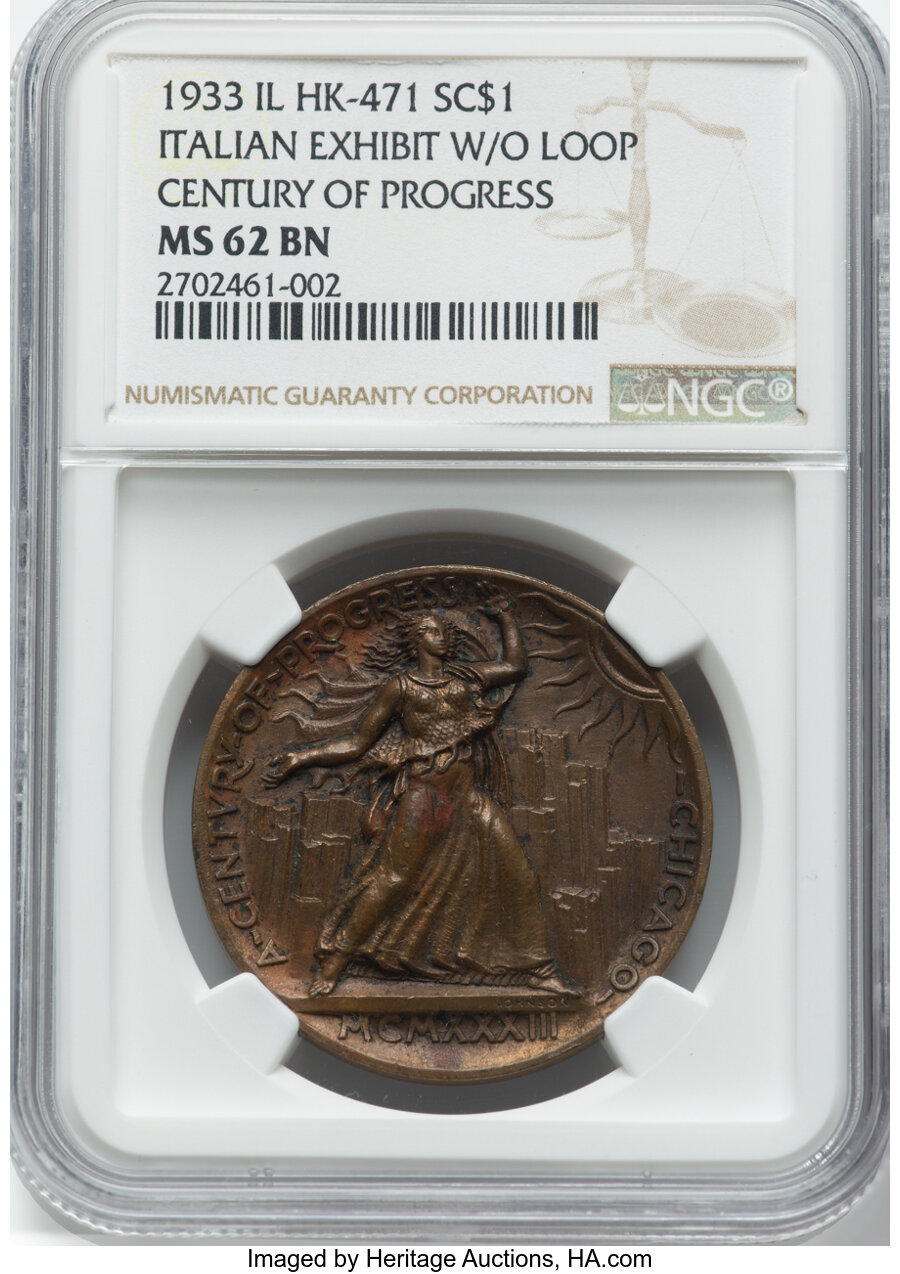 image for: 1933 SC$1 Century Of Progress Exposition, Italian Exhibit, Without Loop, Bronze, HK-471, R.4, MS62 Brown NGC. Chicago, I...