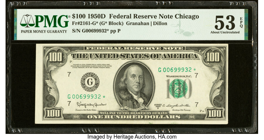 Fr. 2161-G* $100 1950D Federal Reserve Star Note. PMG About Uncirculated 53 EPQ....