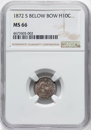 image for: 1872-S H10C Mintmark Below, Misplaced Date, V-5, FS-302, MS66 NGC. NGC Census: (20/4). PCGS Population: (1/0). MS66. ...