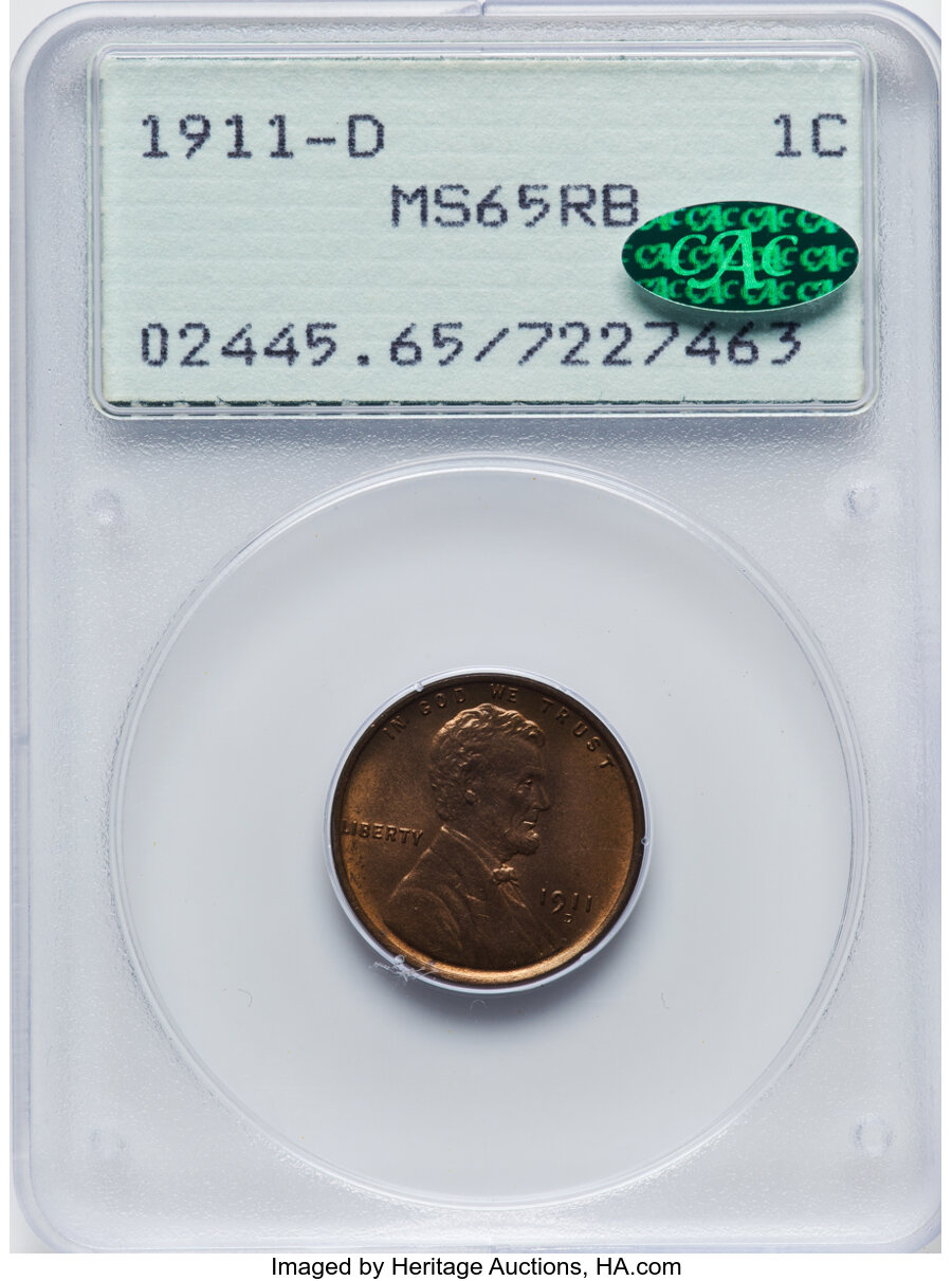 1911-D 1C MS65 Red and Brown PCGS. CAC. PCGS Population: (48/4). NGC Census: (59/5). CDN: $475 Whsle. Bid for NGC/PCGS MS65...