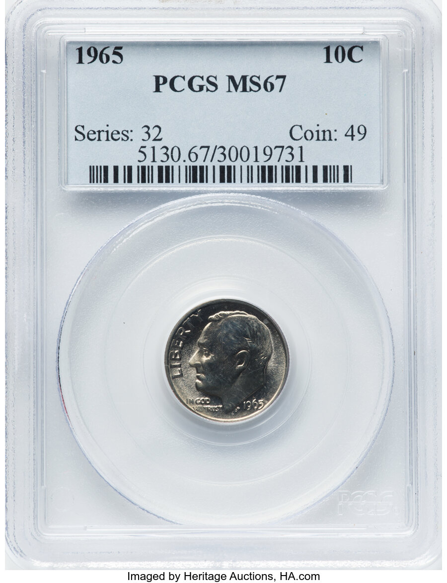 1965 10C MS67 PCGS. PCGS Population: (29/1). NGC Census: (23/7). CDN: $75 Whsle. Bid for NGC/PCGS MS67. Mintage 1,652,140,5...