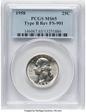 image for: 1958 25C Type B Reverse, FS-901, MS65 PCGS. PCGS Population: (259/66). NGC Census: (0/0). MS65. ...