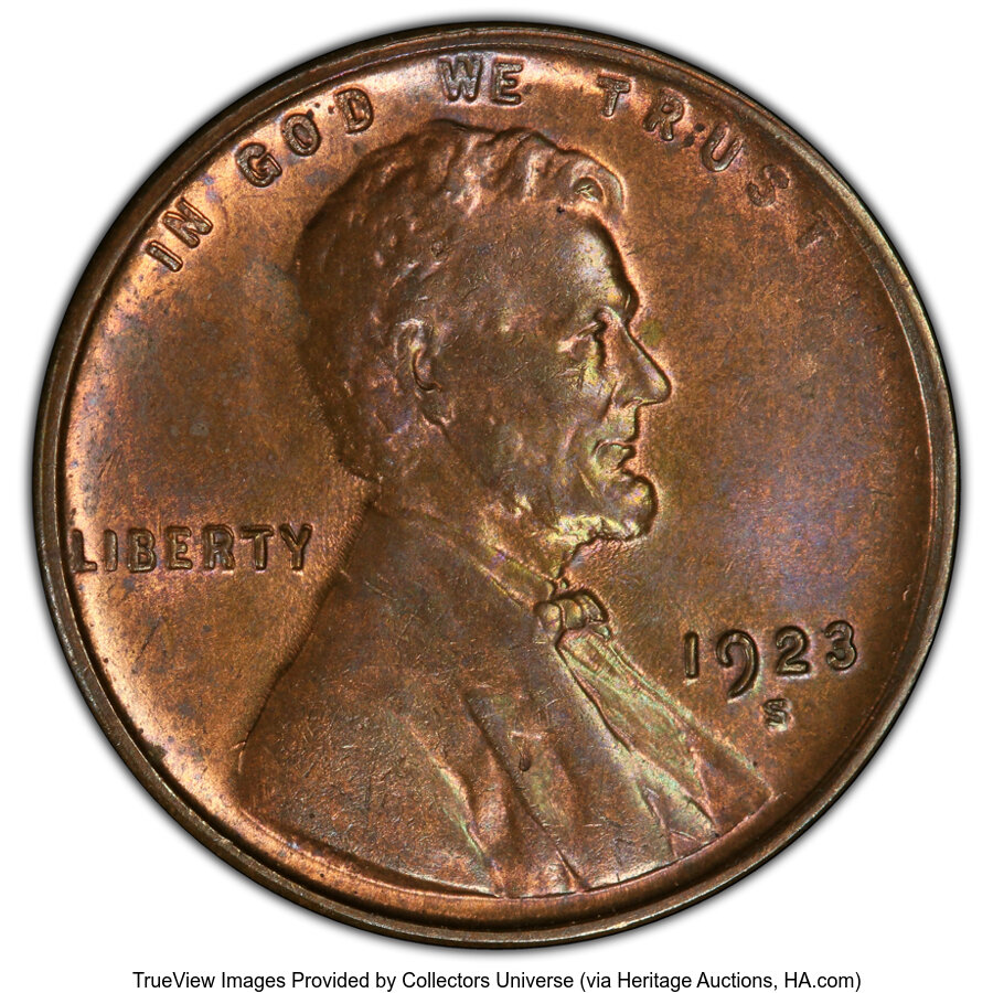 1923-S 1C MS64 Red and Brown PCGS. PCGS Population: (186/26 and 6/0+). NGC Census: (64/22 and 2/0+). CDN: $1,600 Whsle. Bid...