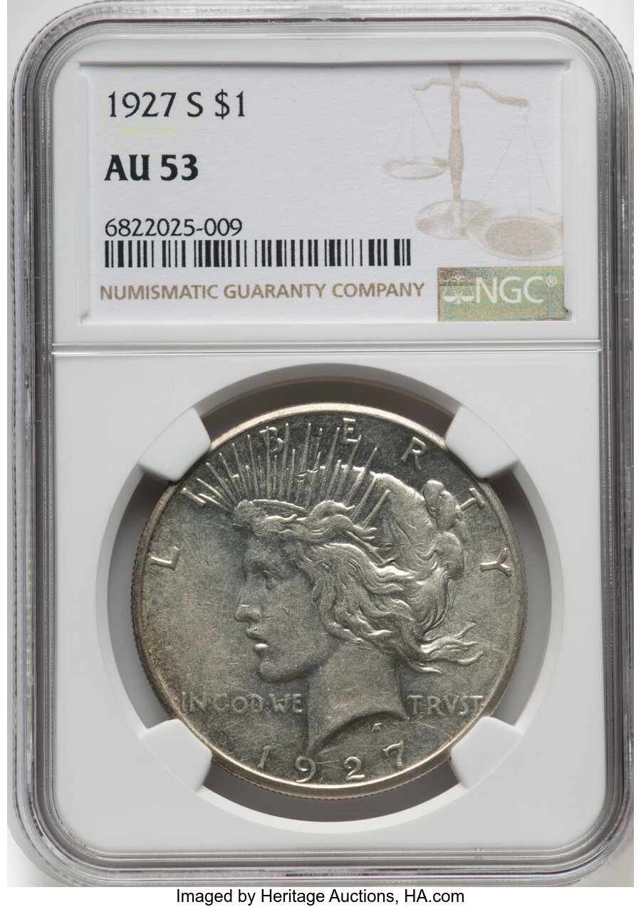1927-S $1 AU53 NGC. NGC Census: (213/4253). PCGS Population: (228/6377). CDN: $92 Whsle. Bid for NGC/PCGS AU53. Mintage 866...