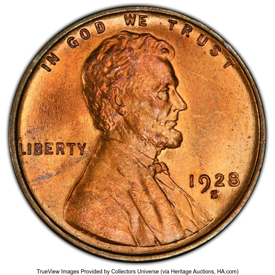 1928-S 1C MS65+ Red PCGS. The 1928-S Lincoln cent (17.2 million coins) is a moderately scarce and perennially popular branc...