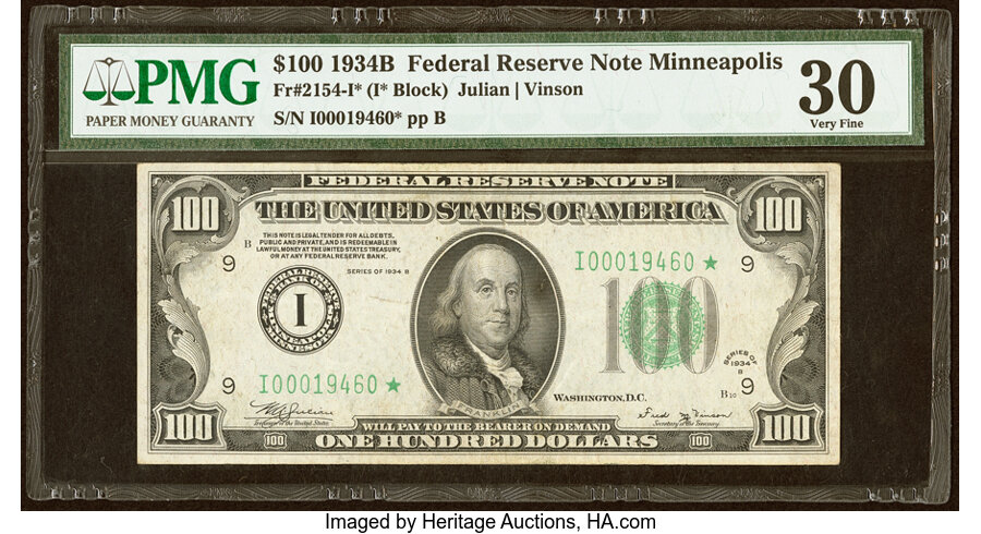 Fr. 2154-I* $100 1934B Federal Reserve Star Note. PMG Very Fine 30....