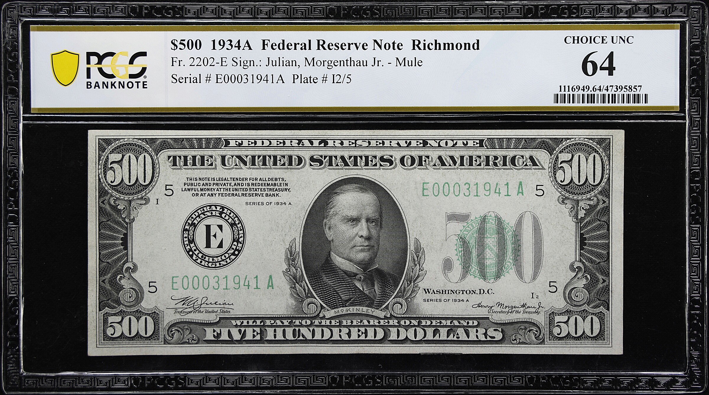 Fr. 2202-E. 1934A $500 Federal Reserve Mule Note. Richmond. PCGS Banknote Choice Uncirculated 64.