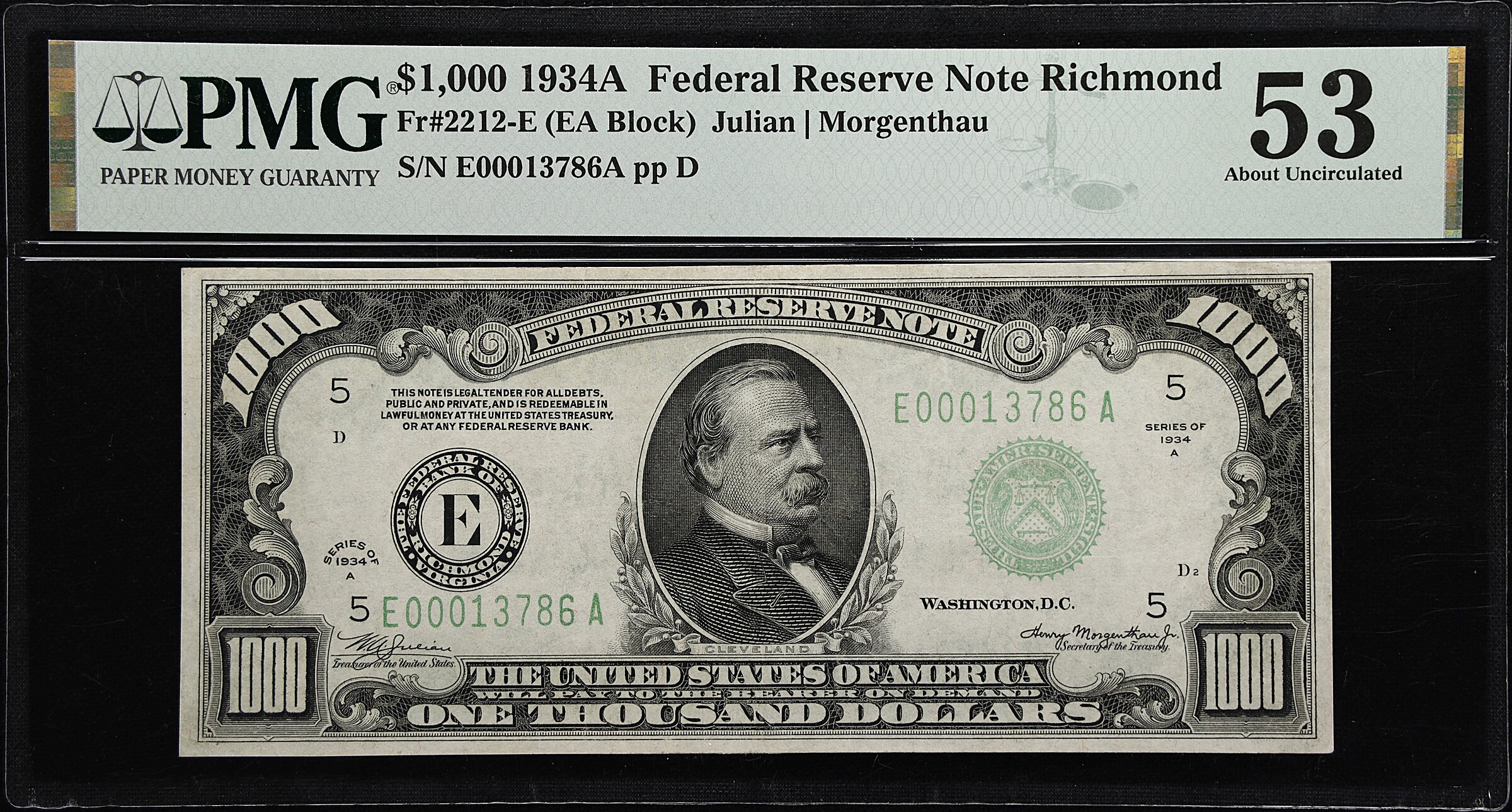 Fr. 2212-E. 1934A $1000 Federal Reserve Note. Richmond. PMG About Uncirculated 53.