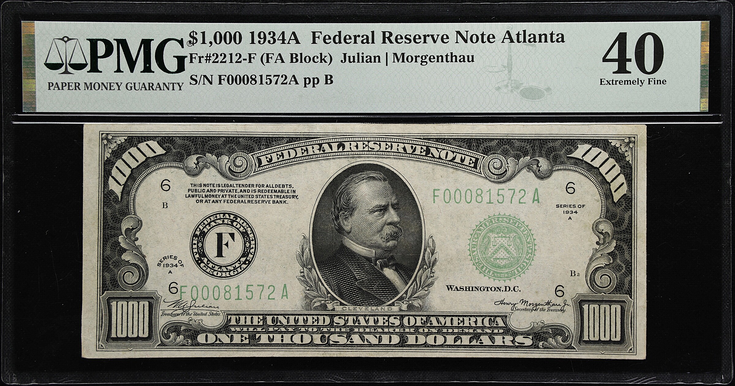 Fr. 2212-F. 1934A $1000 Federal Reserve Note. Atlanta. PMG Extremely Fine 40.