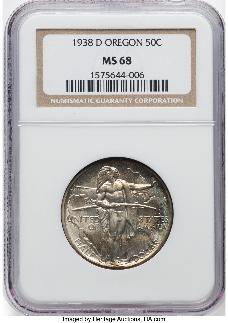 1938-D 50C Oregon MS68 NGC. NGC Census: (45/0). PCGS Population: (48/3). CDN: $1,660 Whsle. Bid for NGC/PCGS MS68. Mintage ...