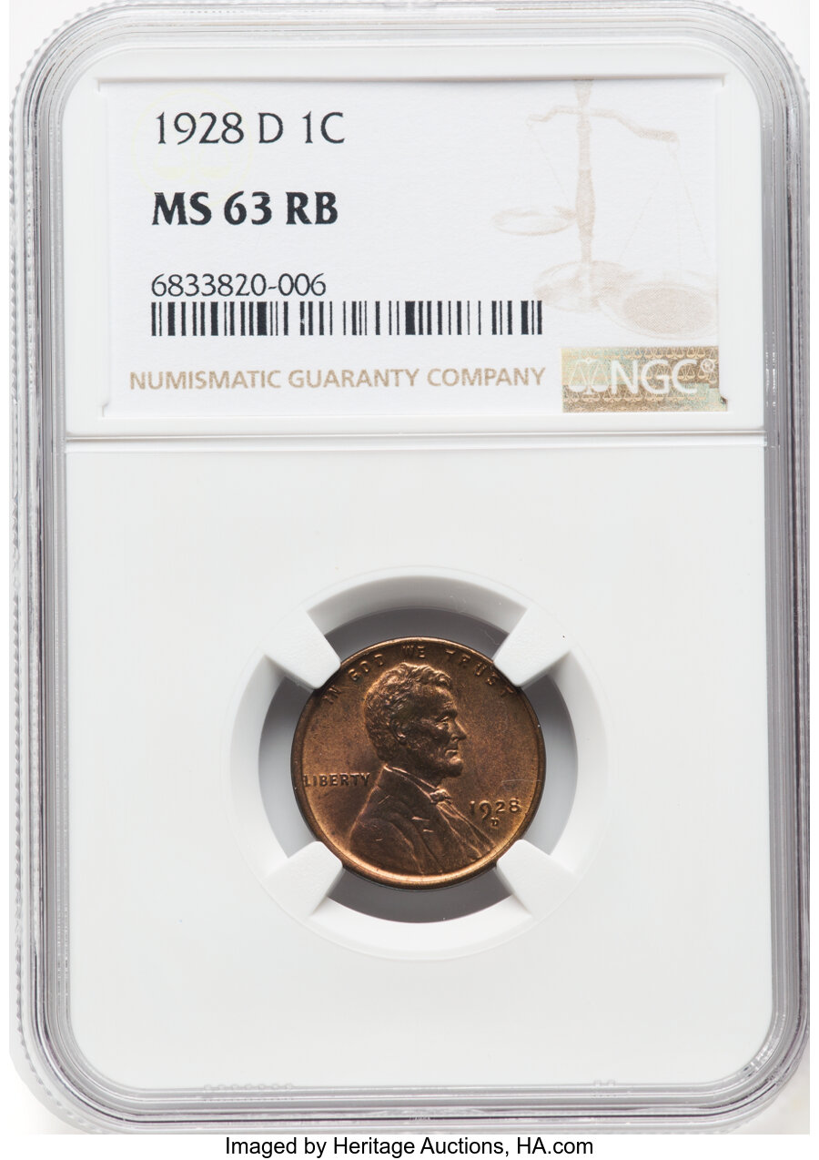 1928-D 1C MS63 Red and Brown NGC. NGC Census: (68/206). PCGS Population: (160/377). CDN: $80 Whsle. Bid for NGC/PCGS MS63. ...